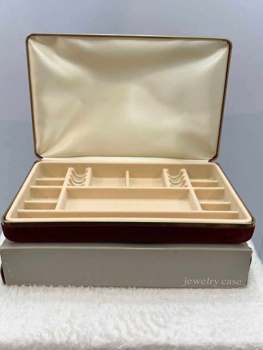 Vintage Red Velvet Jewelry Case Gold Trim Cream Lined Organizer Original Box
